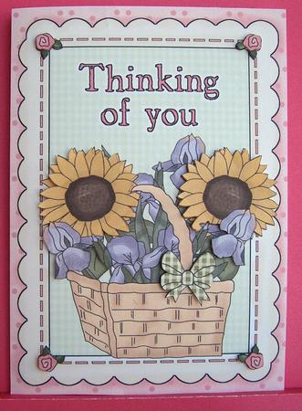 Sunflowers and Iris's in a Basket, Thinking of You, A4 by Eunice Roberts