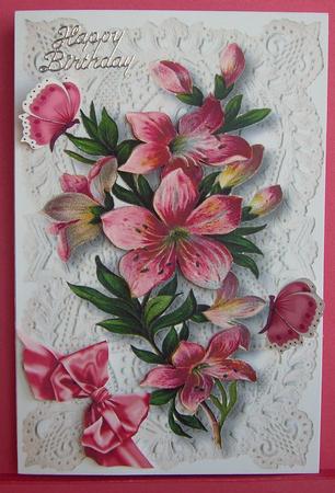 Pretty Pink Flowers on Ecru Lace by Eunice Roberts