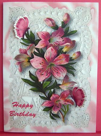 Pretty Pink Flowers on Ecru Lace A4 by Eunice Roberts