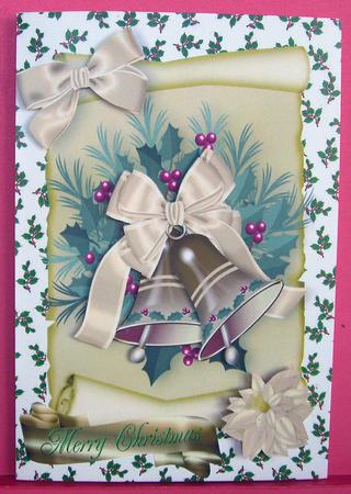 Christmas Gold Bells with Cream Bow on a Scroll by Eunice Roberts