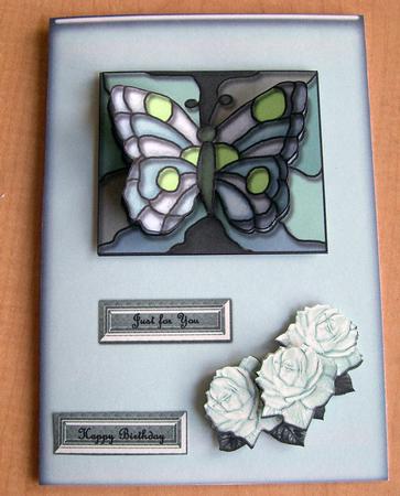 Stained Glass Butterfly with Roses Blue by Eunice Roberts