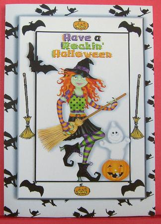 Rockin Witch with Ghost & Pumpkin A4 by Eunice Roberts