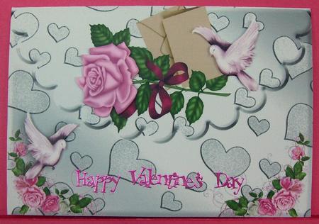 Pink Roses & Pink Doves on a Silver Heart Envelope A4 by Eunice Roberts