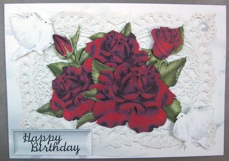Red Roses White Doves on Vintage Lace with Pearls by Eunice Roberts