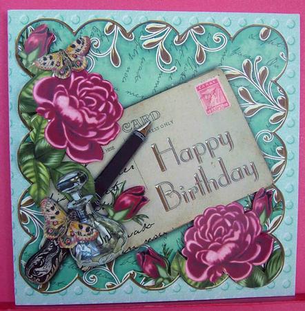 Pink Roses Aqua Happy Birthday Postcard Step by Step by Eunice Roberts