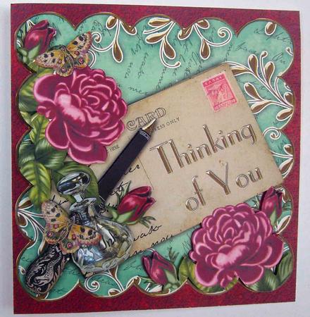Pink Roses Aqua Thinking of You Postcard Step by Step by Eunice Roberts