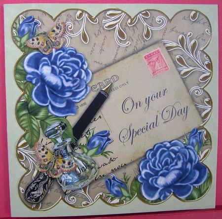 Blue Rose Natural Special Day 8in Scallop Decoupage Topper by Eunice Roberts