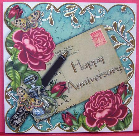 Pink Roses Aqua Happy Anniversary Postcard Step by Step by Eunice Roberts