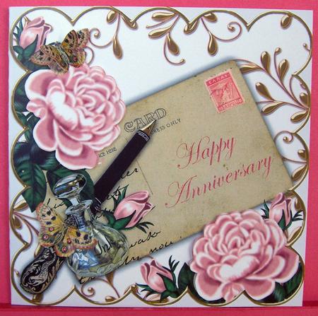 Pink Rose Happy Anniversary Ink Saver 8in Decoupage Topper by Eunice Roberts