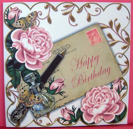 Pink Roses Happy Birthday Ink Saver 8in Decoupage Topper by Eunice Roberts