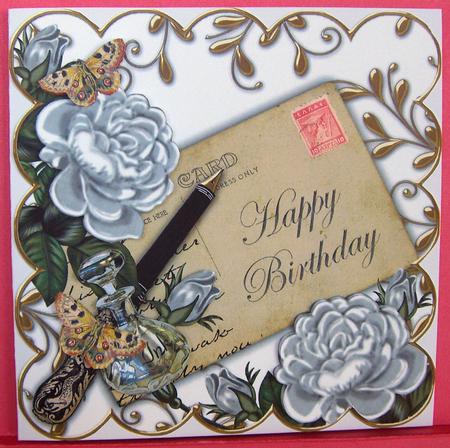 Silver Roses Happy Birthday Ink Saver 8in Decoupage Topper by Eunice Roberts