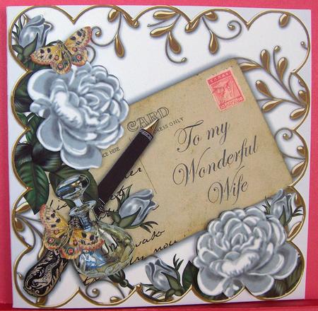 Silver Roses Wonderful Wife Ink Saver 8in Decoupage Topper by Eunice Roberts
