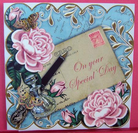Pink Roses Teal Special Day 8in Decoupage Topper by Eunice Roberts