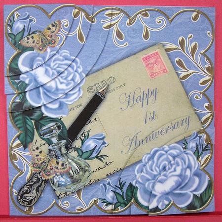 Blue Roses Happy 1st Anniversary 6in Duo Corner Stacker by Eunice Roberts