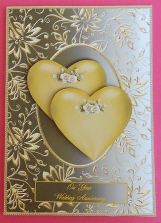 Hearts on Gilded Gold Anniversary Card Front by Eunice Roberts