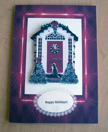 Grey Cat Knocking on Red Christmas Holiday Door Pyramid by Eunice Roberts