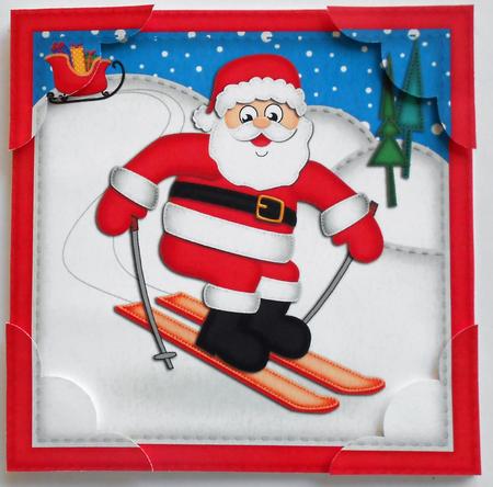 8 x 8 Xmas Skiing Santa Scalloped Corner Topper by Eunice Roberts
