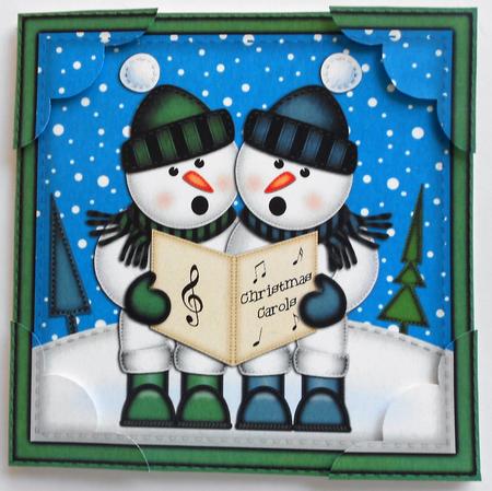 8 x 8 Xmas Singing Snowmen Scalloped Corner Topper by Eunice Roberts