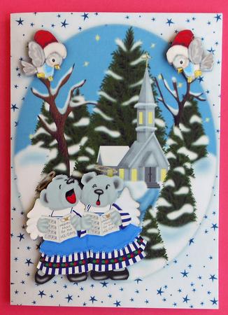 Teddies Carol Singing with Church Snow Scene A4 by Eunice Roberts