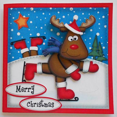 Xmas Skating Rudolph Quick Card N 3D Decoupage by Eunice Roberts