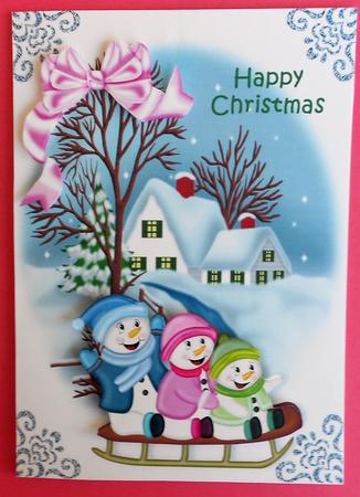 Snowmen on a Sleigh Ride with Snow Cottage Scene A4 by Eunice Roberts