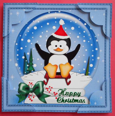 8 x 8 Xmas Sledging Penguin Snowglobe Scalloped Corner by Eunice Roberts