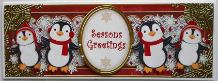 Red Penguins Seasons Greetings Large Dl Decoupage Topper by Eunice Roberts