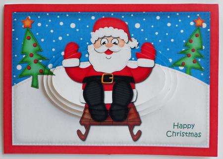 A5 Xmas Sledging Santa Oval Pyramage Topper by Eunice Roberts