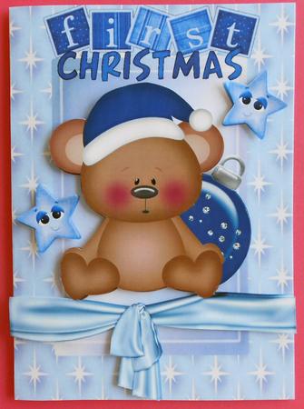 Babies First Christmas Cute Teddy in Blue with Stars A4 by Eunice Roberts