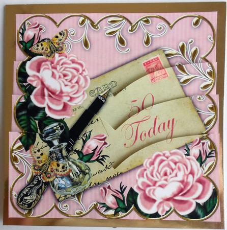 Pink Roses 50 Today Postcard 5in V Bottom Stacker by Eunice Roberts