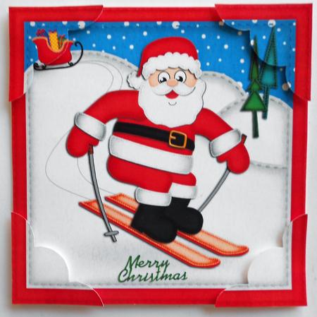 8 x 8 Xmas Skiing Santa Scalloped Corner Topper by Eunice Roberts