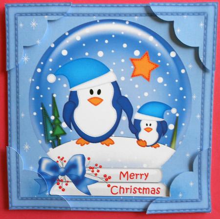 8 x 8 Xmas Penguins Snowglobe Scalloped Corner by Eunice Roberts
