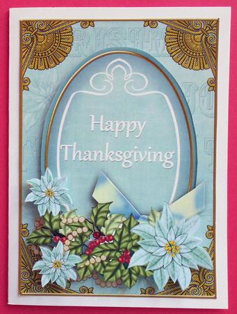 Pastel Teal Poinsettia Happy Thanksgiving Oval 7x5in Topper by Eunice Roberts