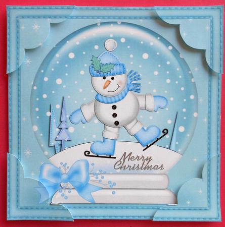 8 x 8 Xmas Skating Snowman Snowglobe Scalloped Corner by Eunice Roberts