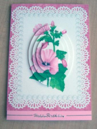 Pink Lavateria Flowers Lace & Pearls Oval Pyramid Card by Eunice Roberts