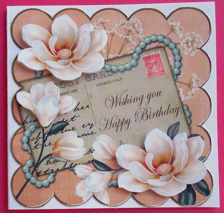 Peach Magnolia Happy Birthday 8in Decoupage Topper by Eunice Roberts