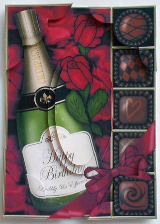 A5 Birthday Champers Chocs N Roses Scallop Corner N Pyramage by Eunice Roberts