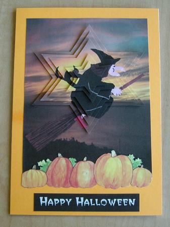 Witch & Black Cat on Broomstick Halloween Star Pyramid A5 A6 by Eunice Roberts