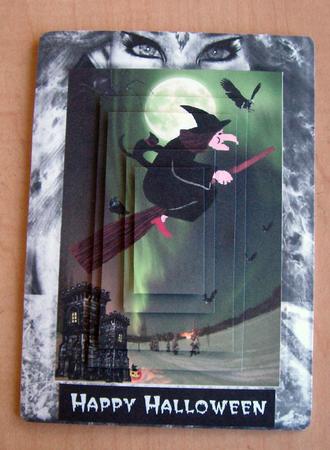 Halloween Full Moon Witch & Cat on Broomstick Pyramid Card by Eunice Roberts