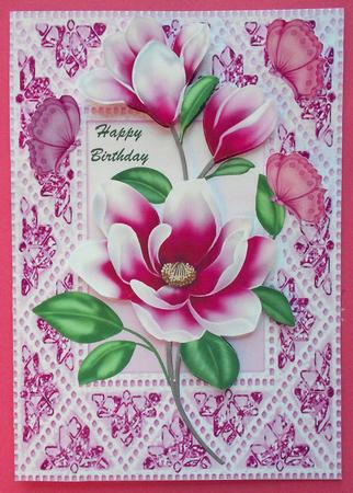 Pretty Pink Flowers in Ornate Frame with Butterflies by Eunice Roberts