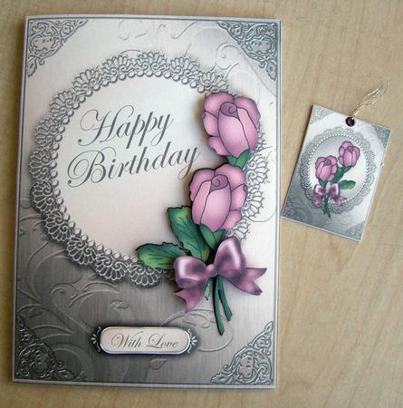A5 Roses and Metallic Lace Quick Card with 3D Decoupage by Eunice Roberts