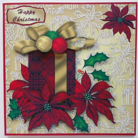 Gift and Poinsettias Christmas Card Front by Eunice Roberts
