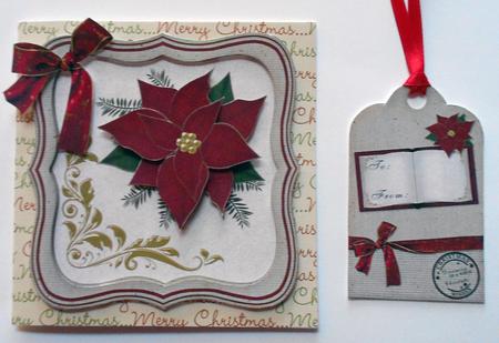 5 in Poinsettia Topper with Tag in Cream & Burgundy by Eunice Roberts