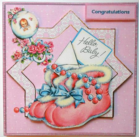 Baby Booties and Rattle Card with Decoupage by Eunice Roberts