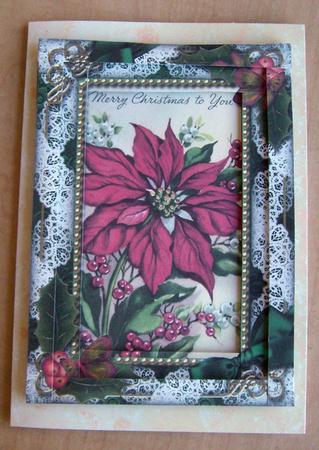 Red Poinsettia Holly Spiral Edge Stacker 7x5in Card Front by Eunice Roberts