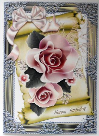 Peach Roses on a Scroll with Bow A4 by Eunice Roberts