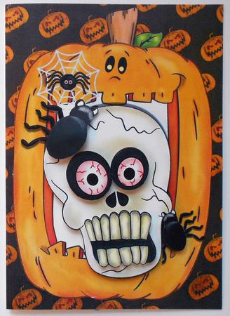 Spooky Skull, with Spiders!in Pumpkin Frame by Eunice Roberts