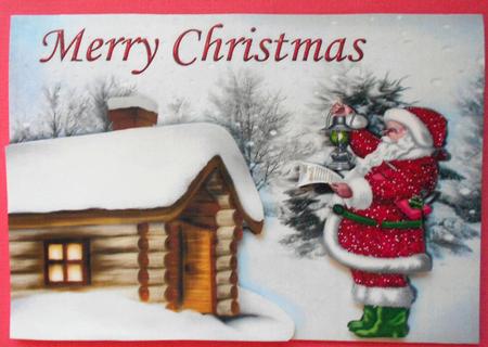 Santa in the Snow with Snow Covered Cottage A4 by Eunice Roberts