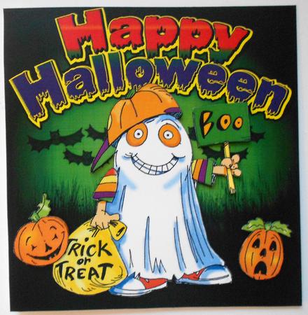 Happy Halloween Child in Ghost Costume by Eunice Roberts