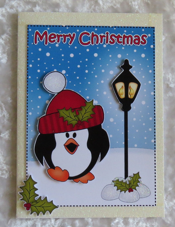 Christmas Cute Little Penguin Lamp Post 5x7 3D Decoupage by Faye Volo